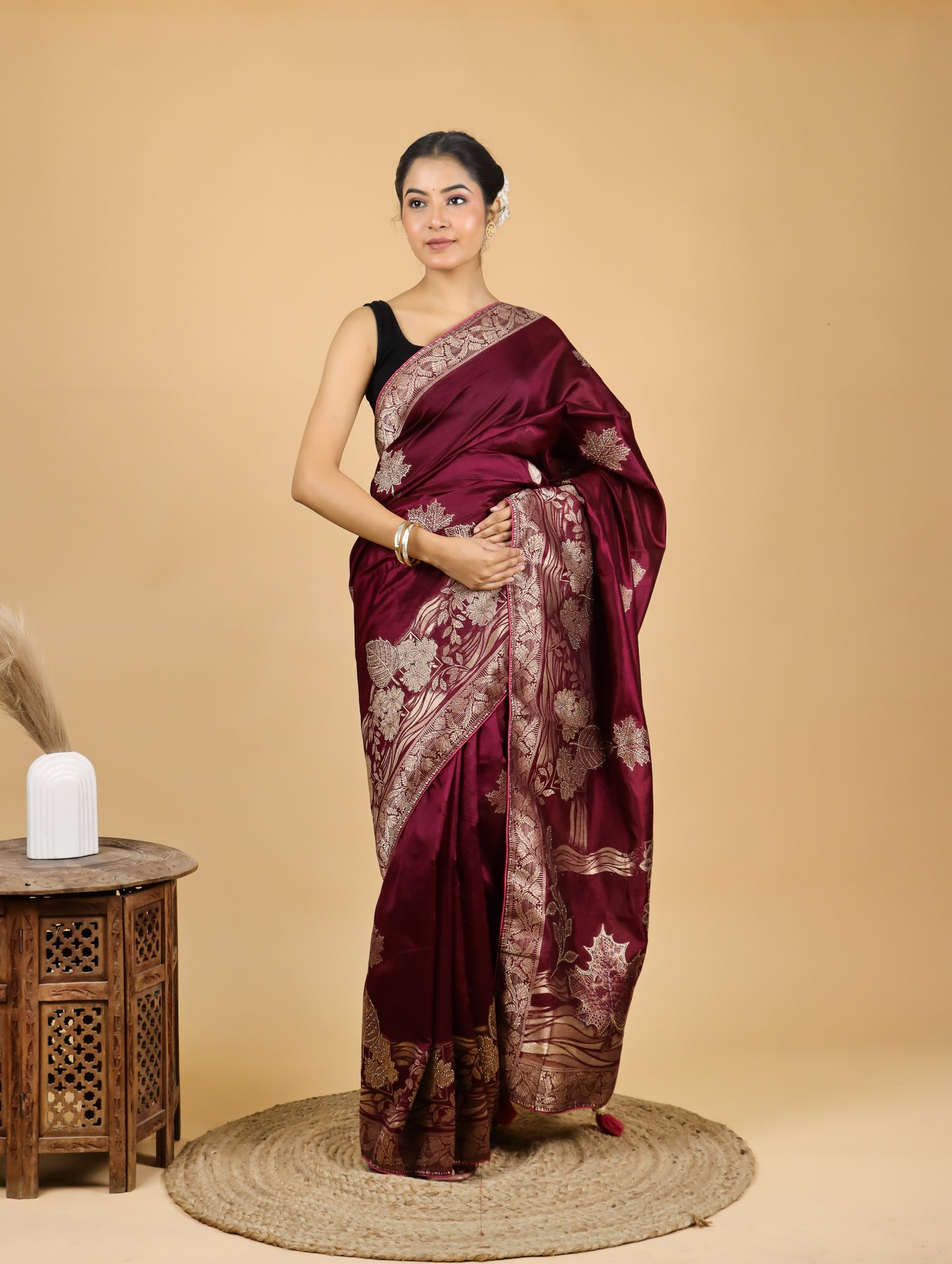 Garnet Red Zari Weave Mashru Saree
