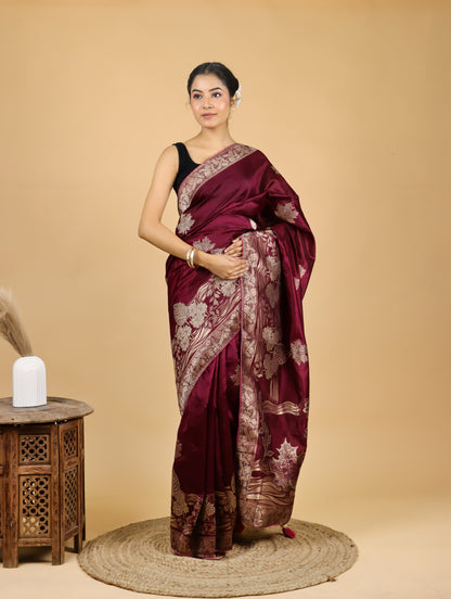 Garnet Red Zari Weave Mashru Saree