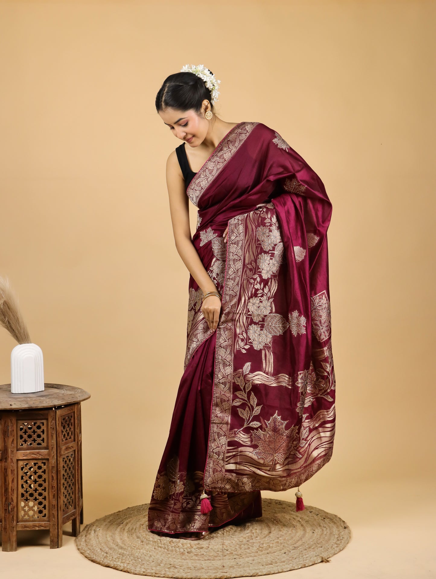 Garnet Red Zari Weave Mashru Saree