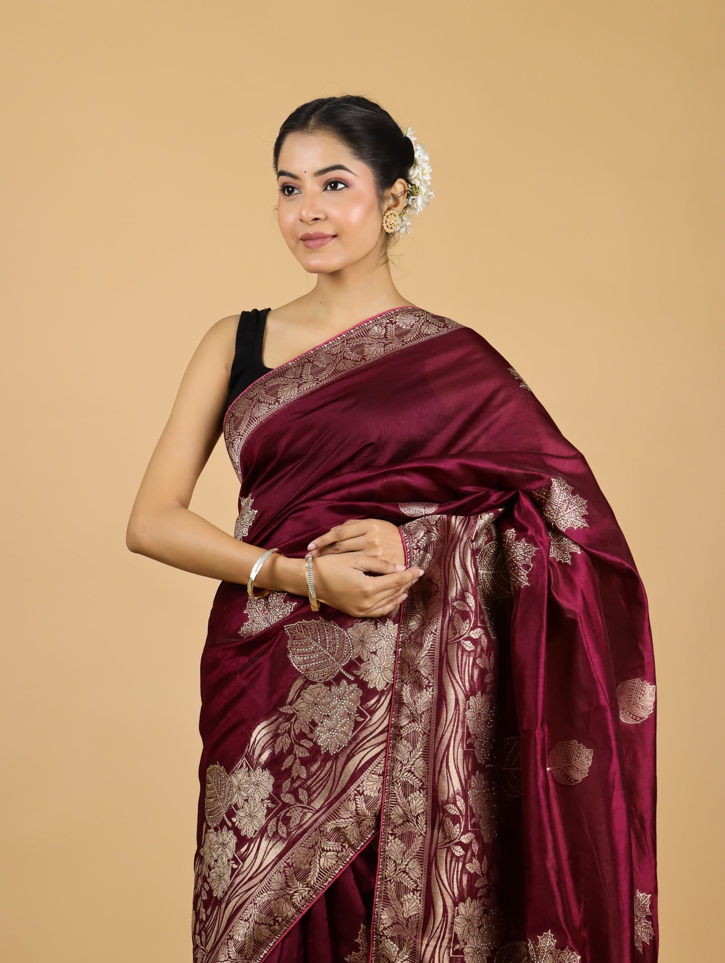 Garnet Red Zari Weave Mashru Saree