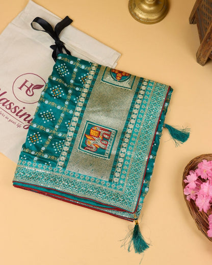 Teal Green Blended Silk Bandhani Saree