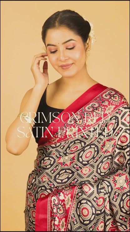 Crimson Red Satin Printed Saree