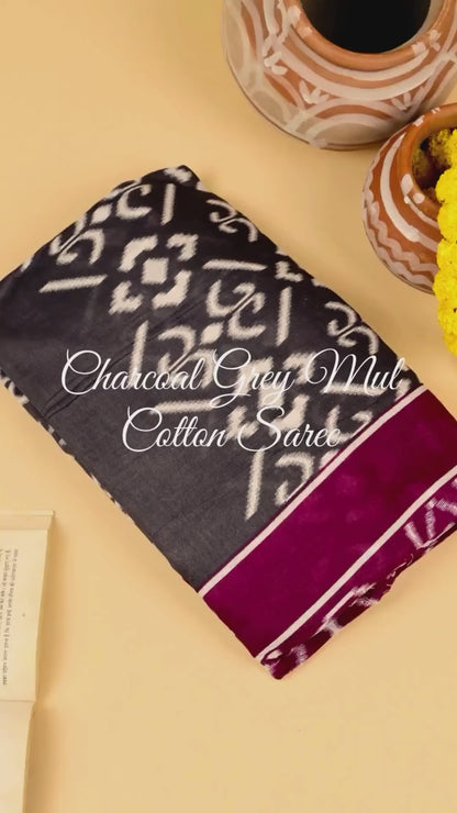 Charcoal Grey Mul Cotton Saree