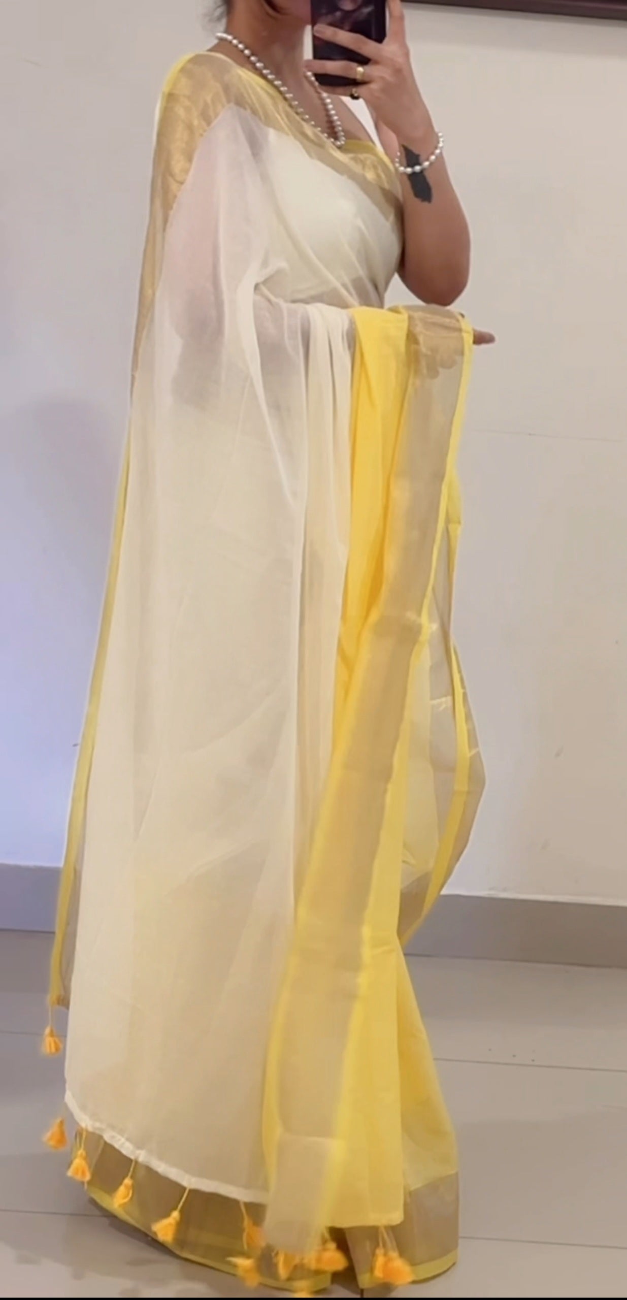 Lemon Ivory Mul Cotton Saree