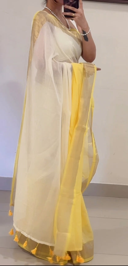 Lemon Ivory Mul Cotton Saree