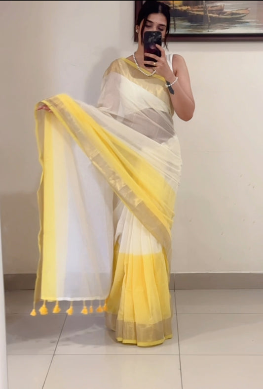 Lemon Ivory Mul Cotton Saree