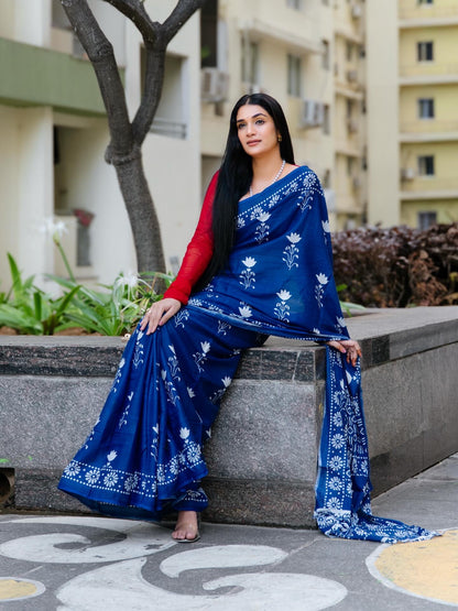 Sapphire Blue Mul Cotton Saree